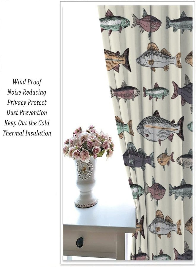 Kurtect Fish Blackout Curtain Retro Animal Drawing Fishing Window Curtain Cartoon Lake Fish Drapes Pocket Curtain Bedroom Living Room Cafe Kitchen Dining Room 2 Panels 42x45 in - Image 4